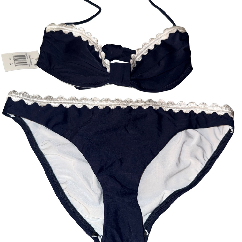 😎 Shoshanna Scalloped Navy & White Halter Bikini Top (B/C) & Bottom (M)